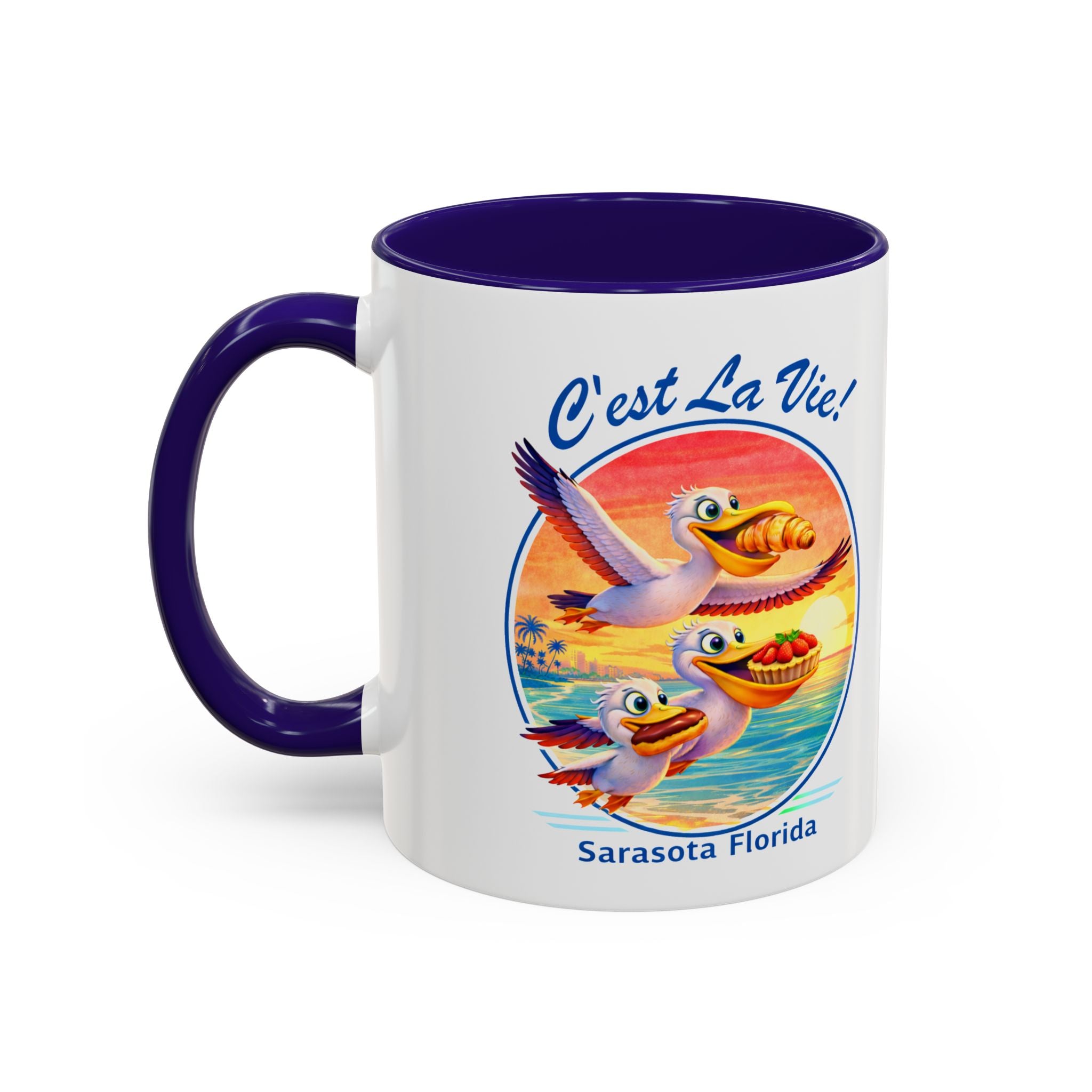 C'est La Vie! Sunset Pelican Café Mug — Authentic French Bakery Sarasota Cup (11oz/15oz)