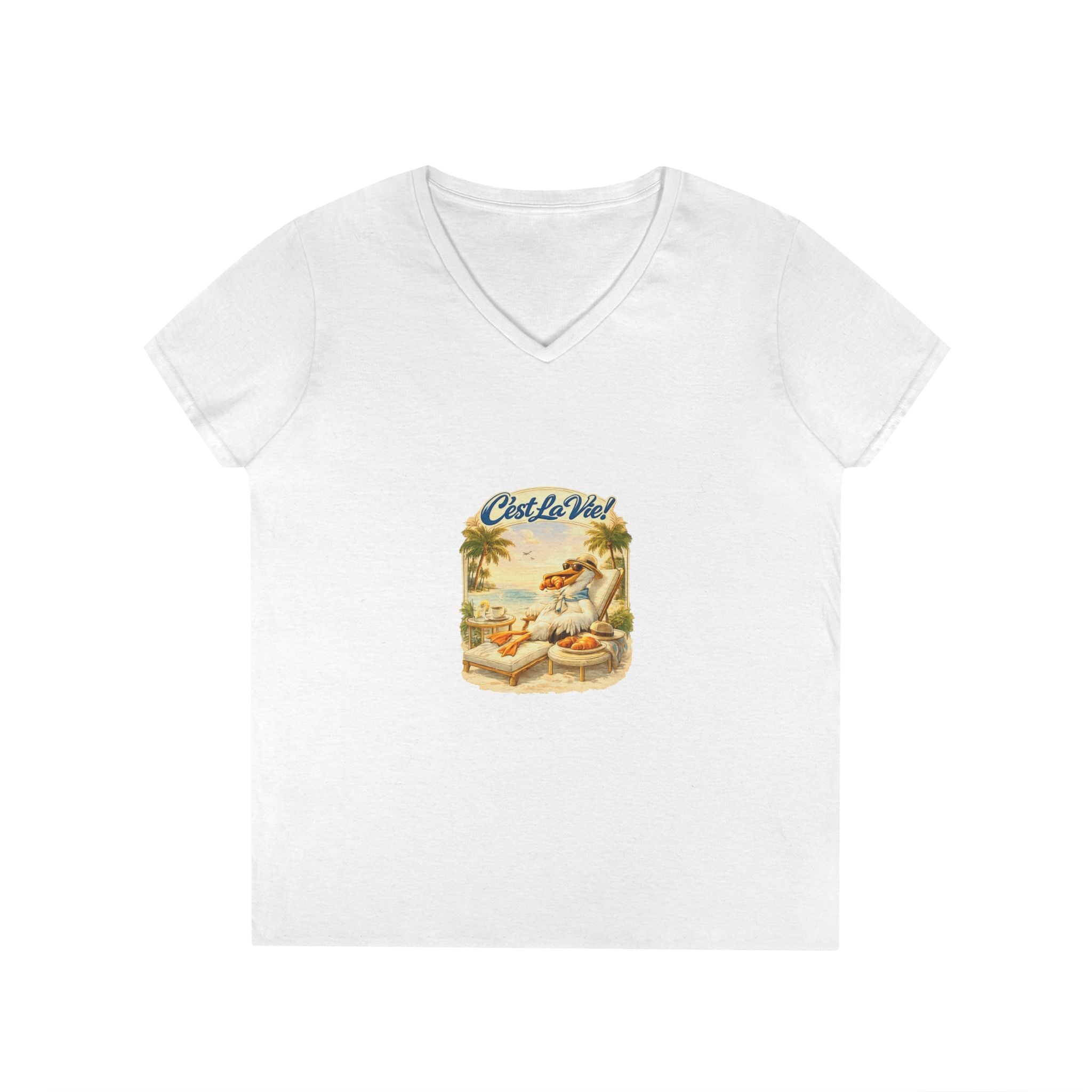 Women V-Neck T-Shirt - Pelican Retro Beach C’est La Vie