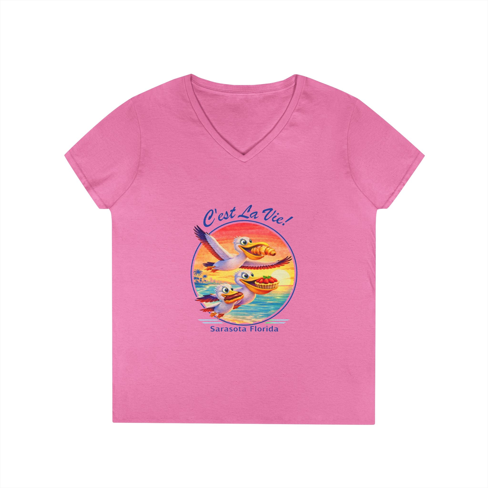 Women V-Neck T-Shirt — Pelican Sunset with C’est La Vie