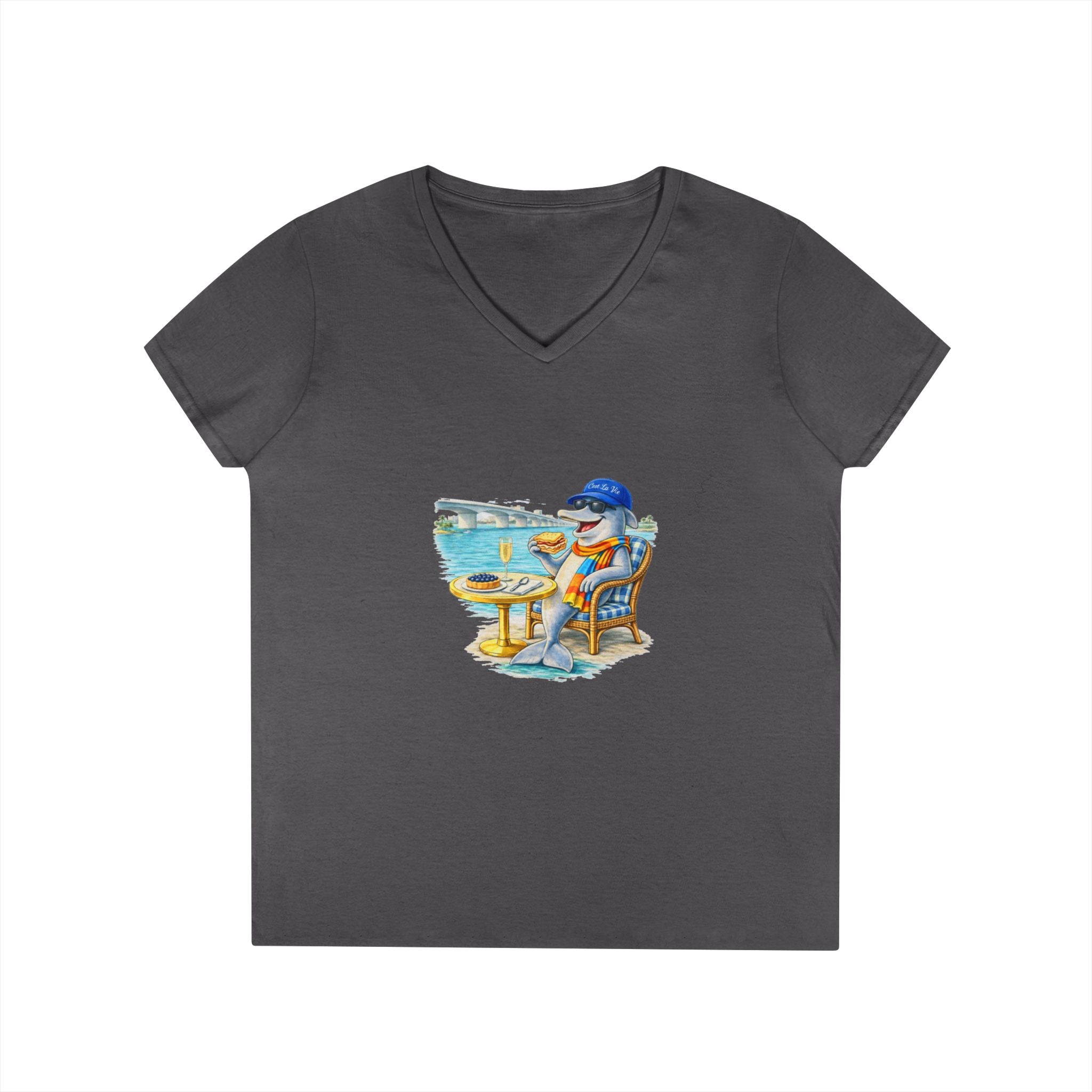 Women V-Neck T-Shirt — Dolphin Sarasota Bridge with C’est La Vie