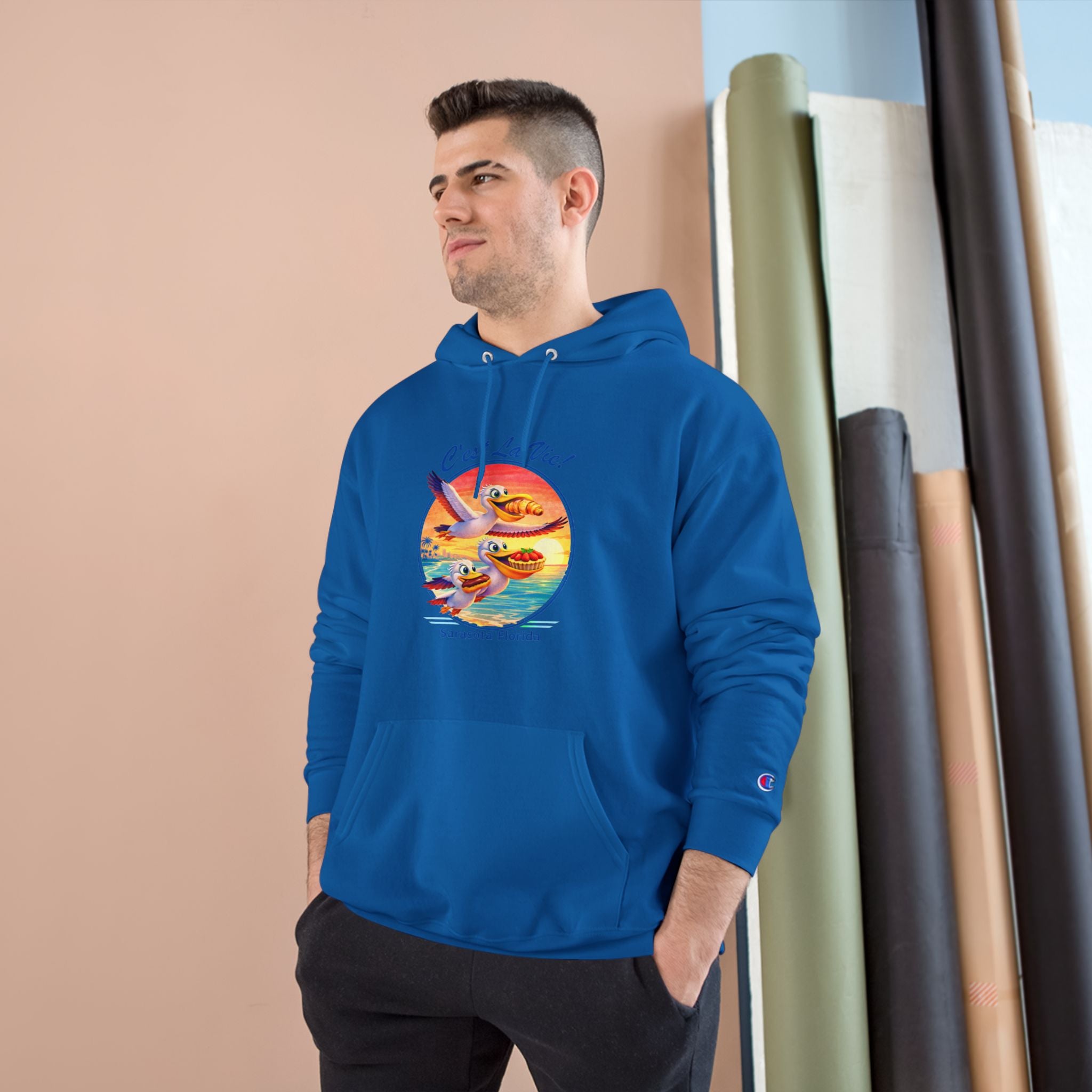 Champion Unisex Hoodie –  Pelican Sunset "C'est La Vie" Back Print