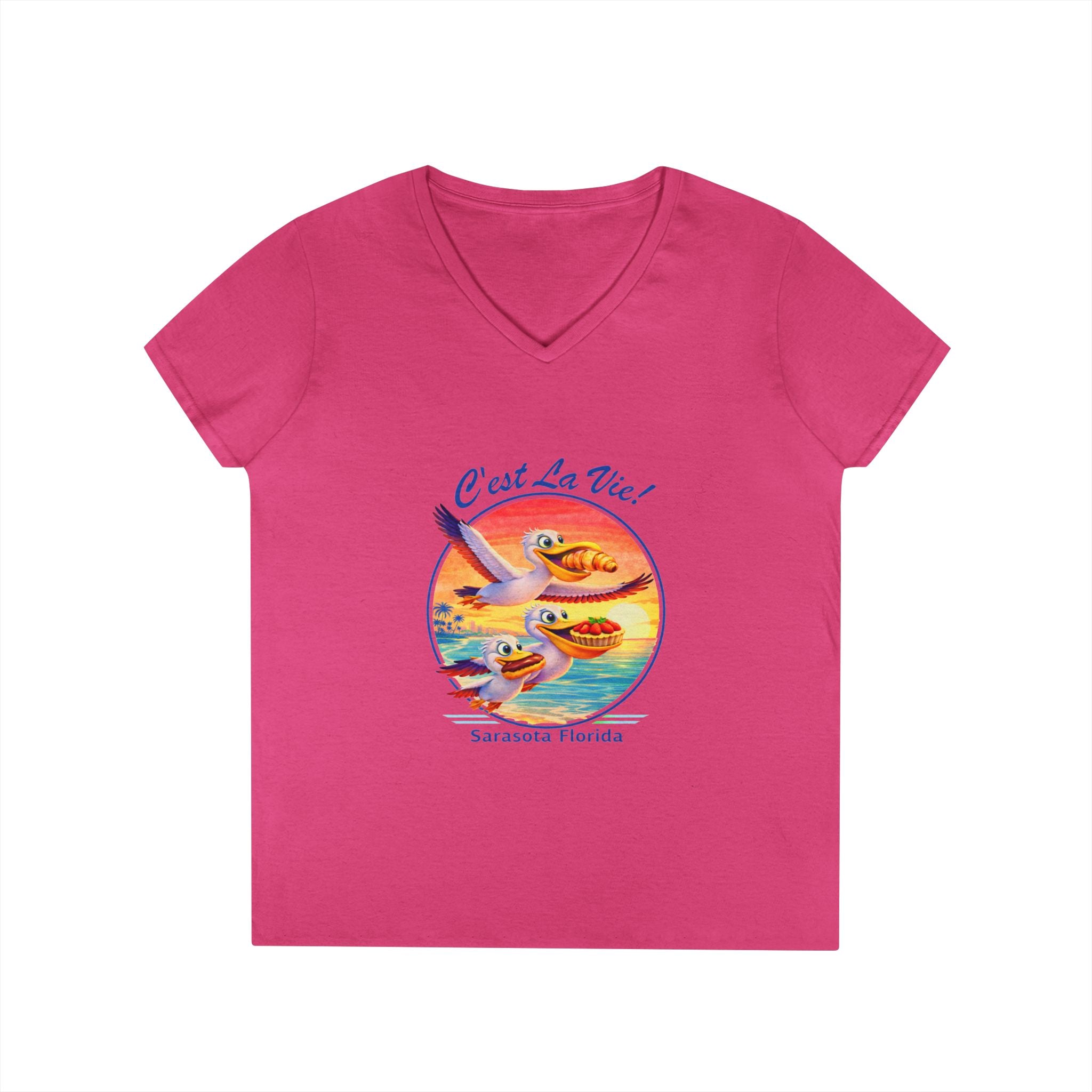 Women V-Neck T-Shirt — Pelican Sunset with C’est La Vie