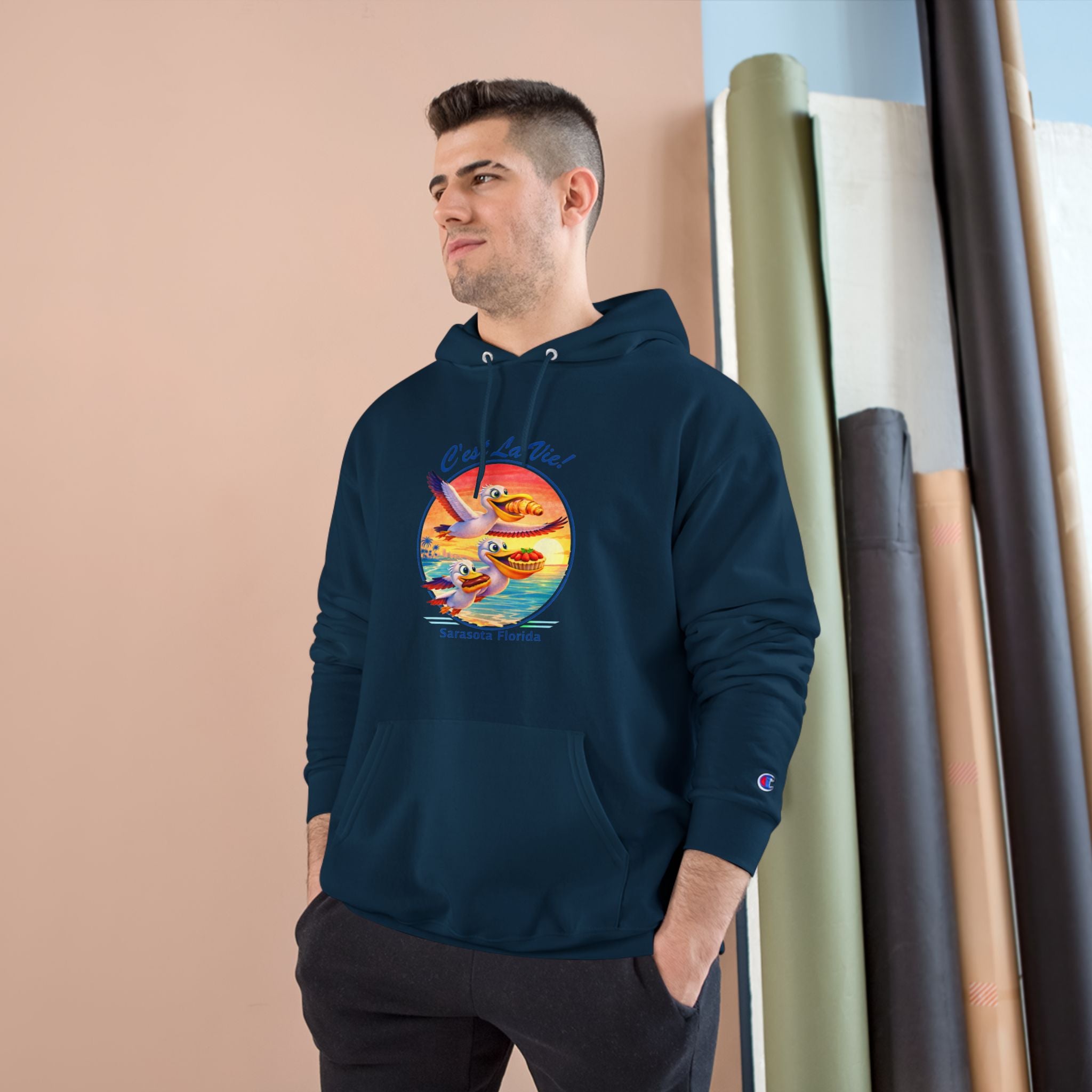Champion Unisex Hoodie –  Pelican Sunset "C'est La Vie" Back Print