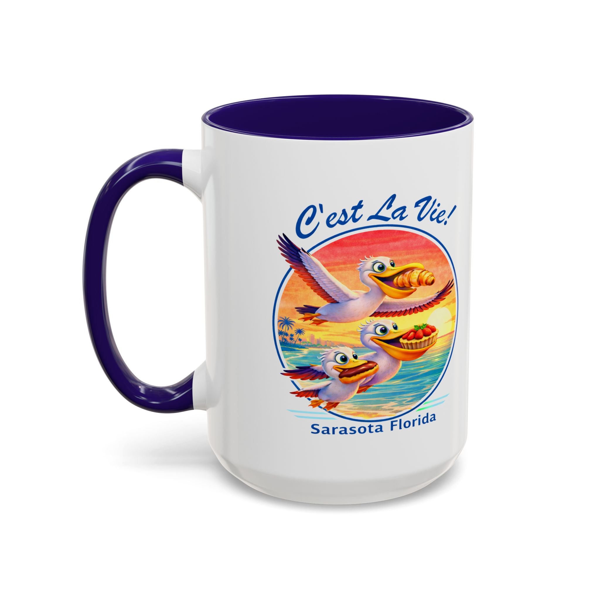 C'est La Vie! Sunset Pelican Café Mug — Authentic French Bakery Sarasota Cup (11oz/15oz)