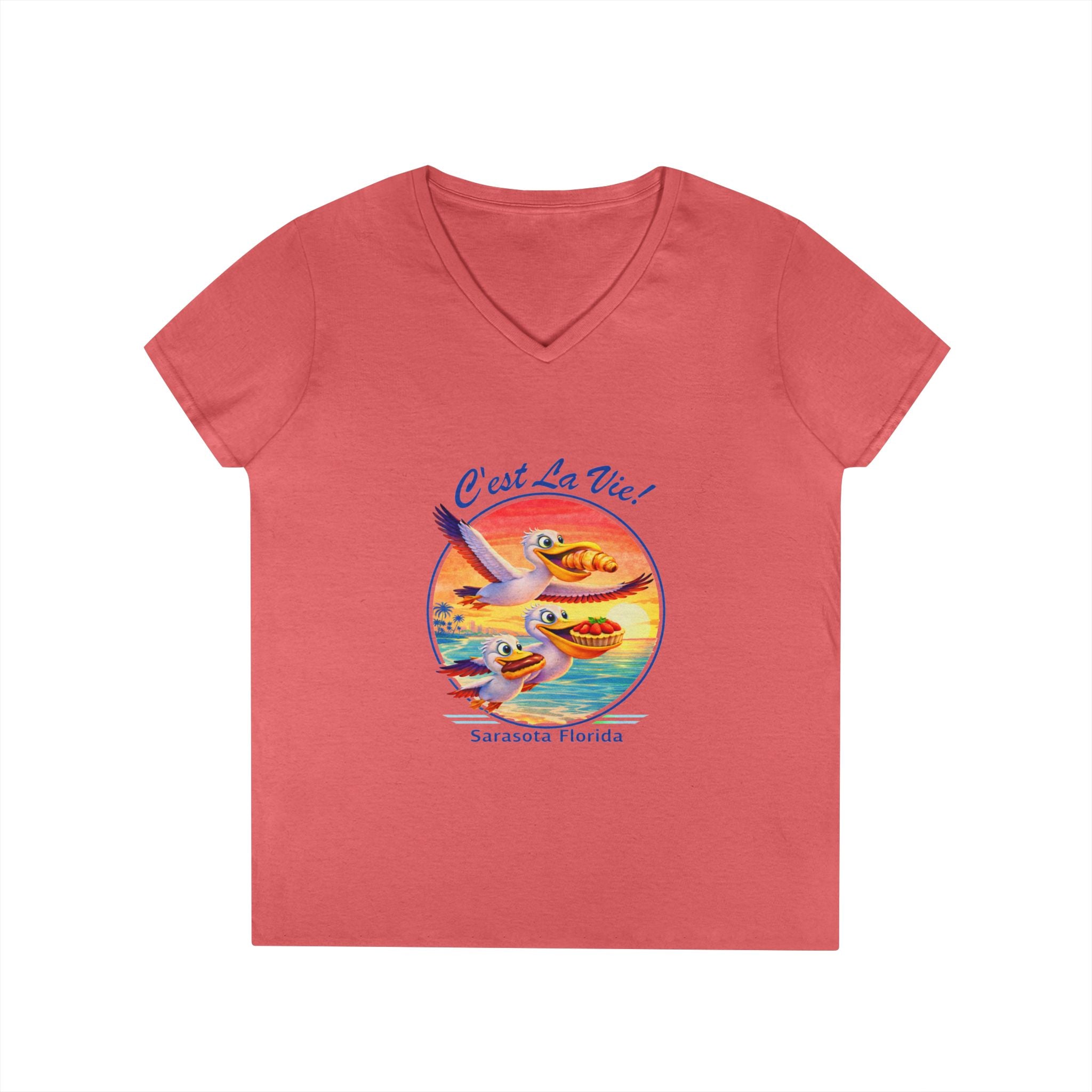 Women V-Neck T-Shirt — Pelican Sunset with C’est La Vie