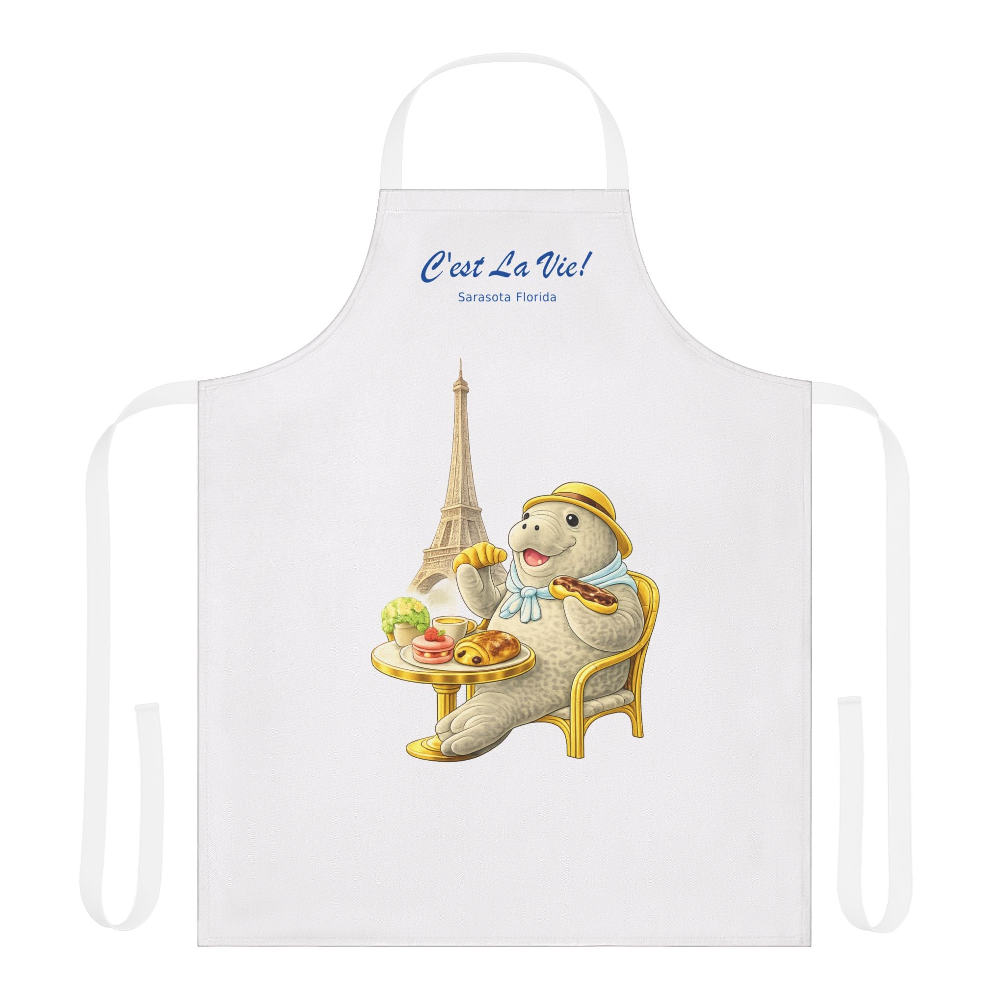 Paris Apron — Cute Seated Manatee with Eiffel Tower C'est La Vie