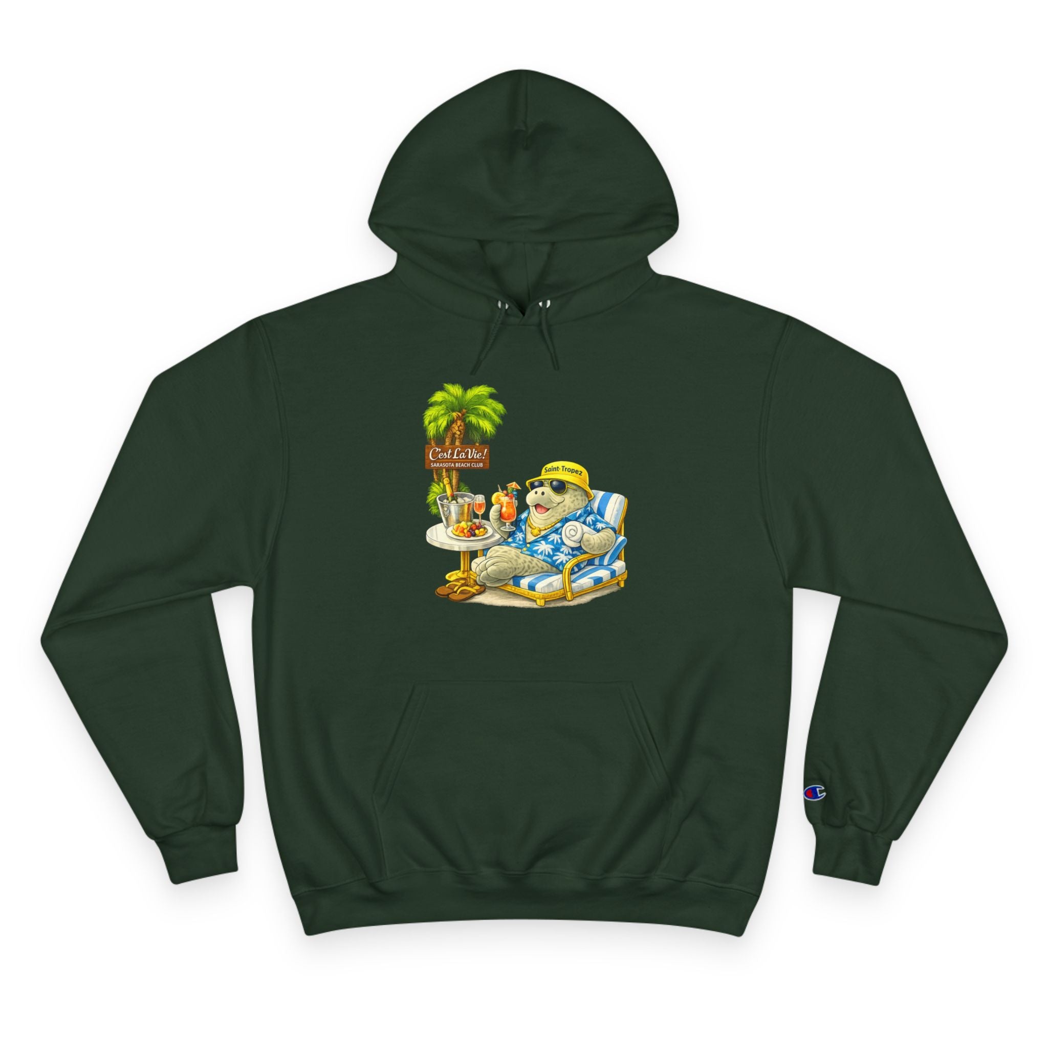 Champion Unisex Hoodie –  Manatee Saint-Tropez "C'est La Vie" Back Print