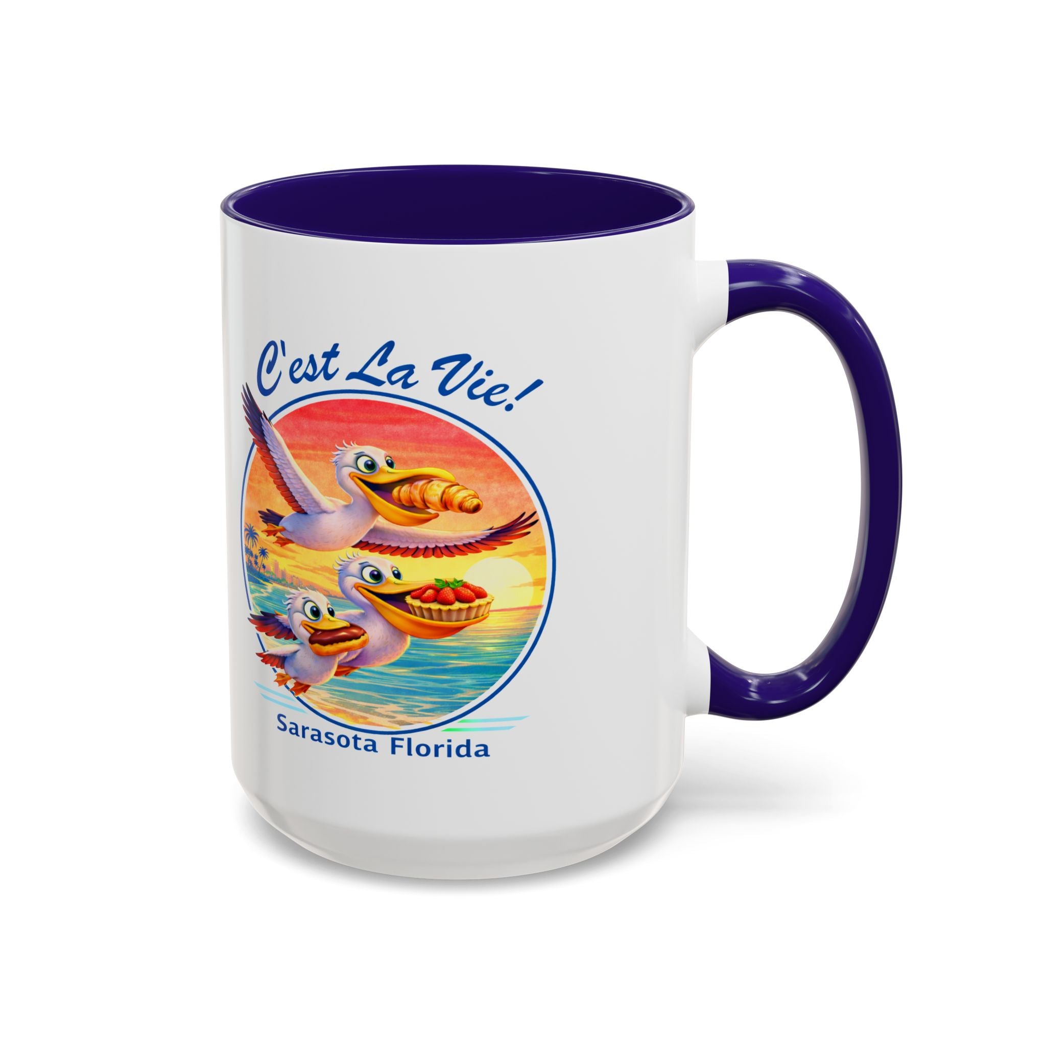 C'est La Vie! Sunset Pelican Café Mug — Authentic French Bakery Sarasota Cup (11oz/15oz)