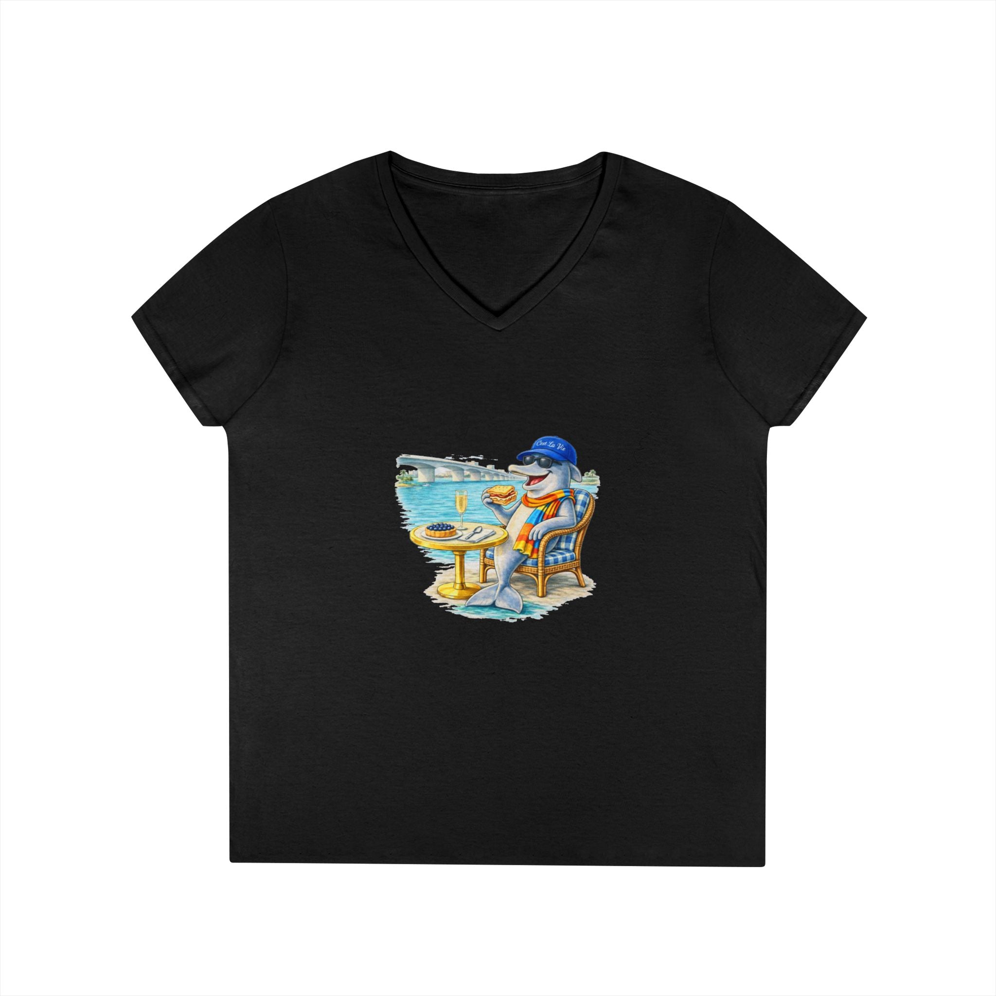 Women V-Neck T-Shirt — Dolphin Sarasota Bridge with C’est La Vie