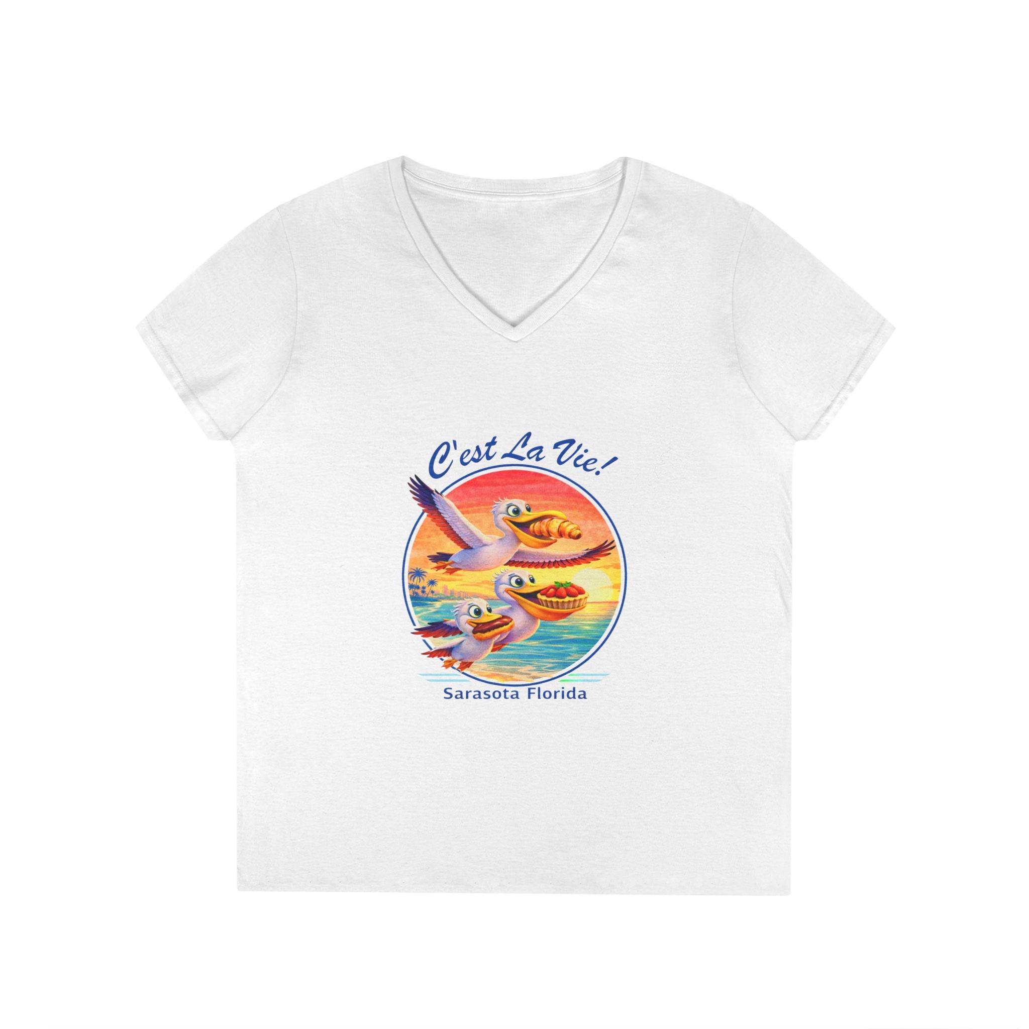 Women V-Neck T-Shirt — Pelican Sunset with C’est La Vie