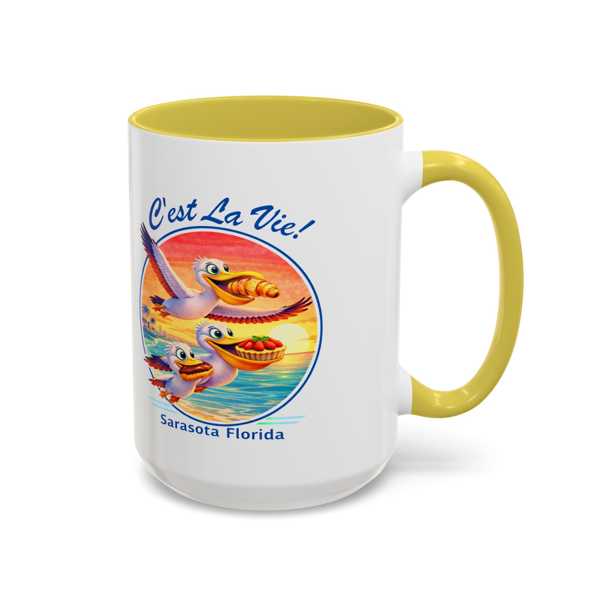 C'est La Vie! Sunset Pelican Café Mug — Authentic French Bakery Sarasota Cup (11oz/15oz)
