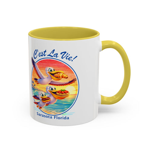 C'est La Vie! Sunset Pelican Café Mug — Authentic French Bakery Sarasota Cup (11oz/15oz)