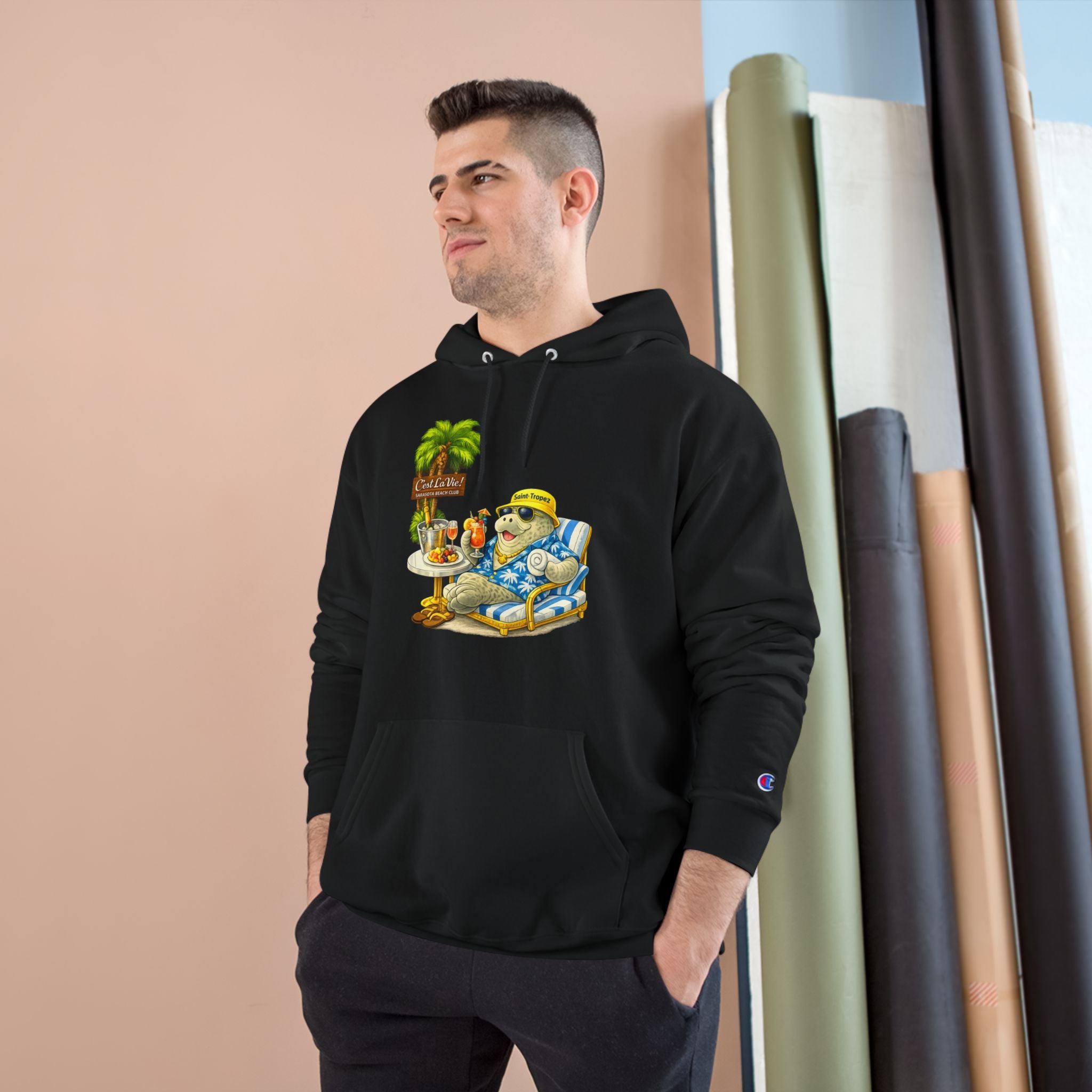 Champion Unisex Hoodie –  Manatee Saint-Tropez "C'est La Vie" Back Print
