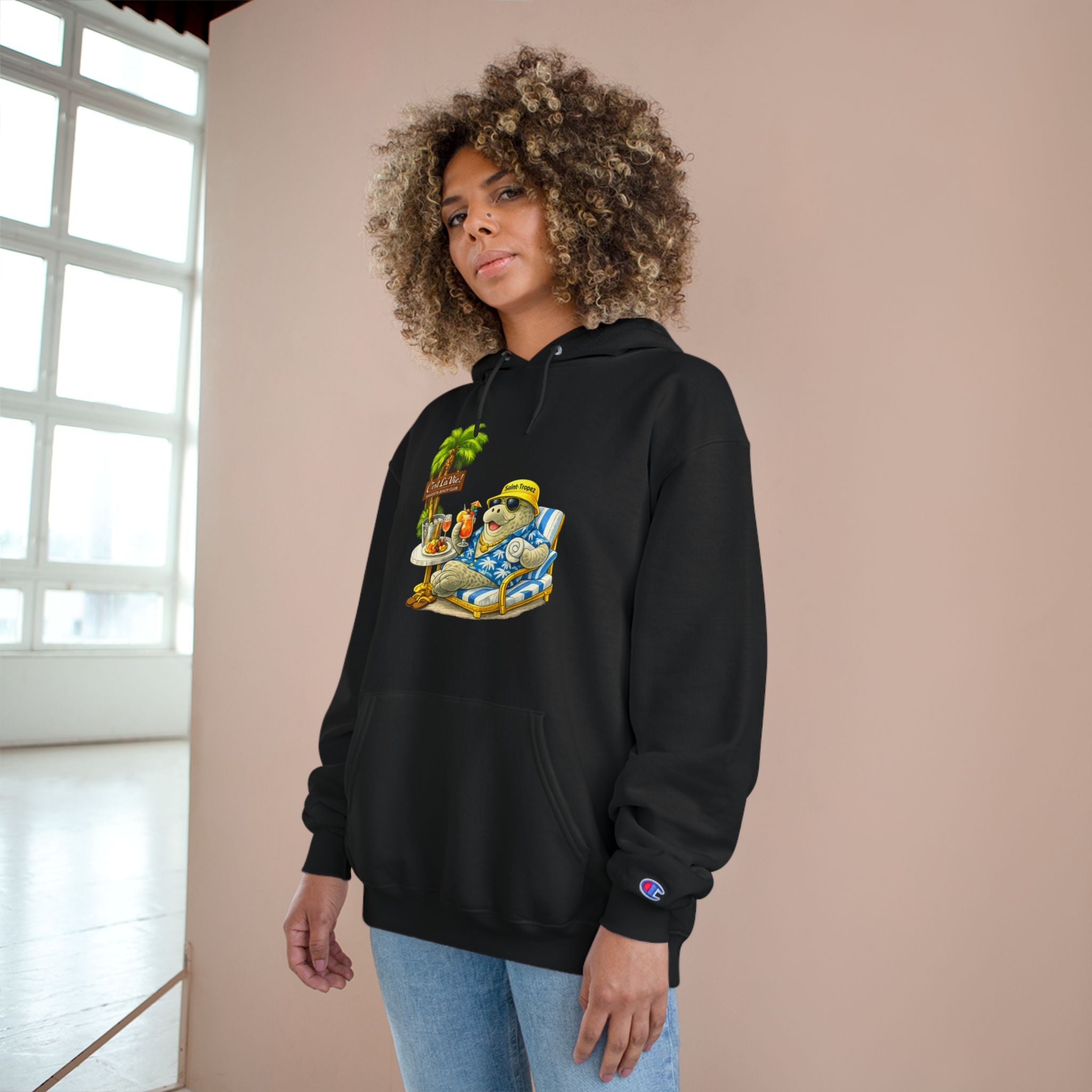 Champion Unisex Hoodie –  Manatee Saint-Tropez "C'est La Vie" Back Print