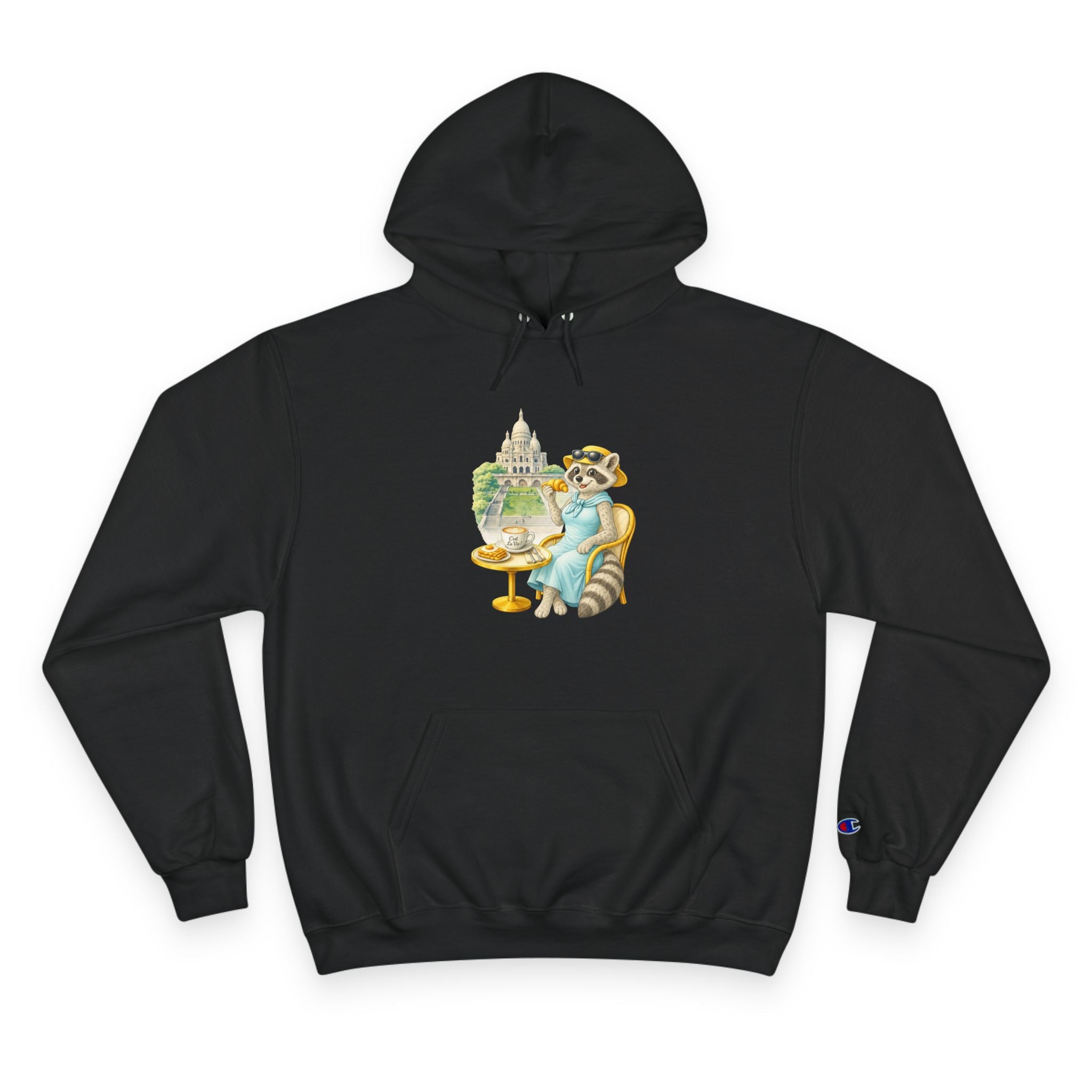 Champion Unisex Hoodie  –  Racoon Montmartre  "C'est La Vie" Back Print