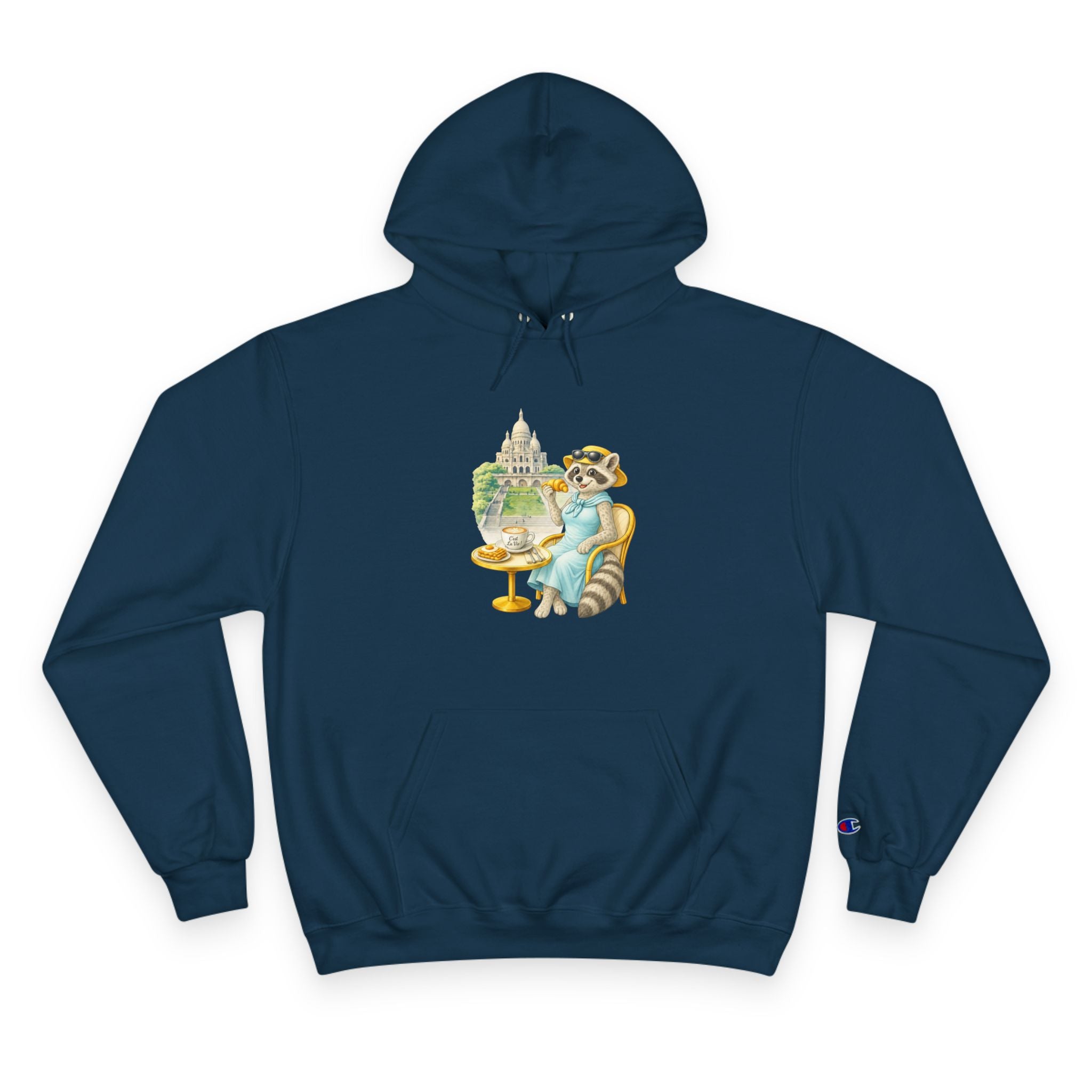 Champion Unisex Hoodie  –  Racoon Montmartre  "C'est La Vie" Back Print