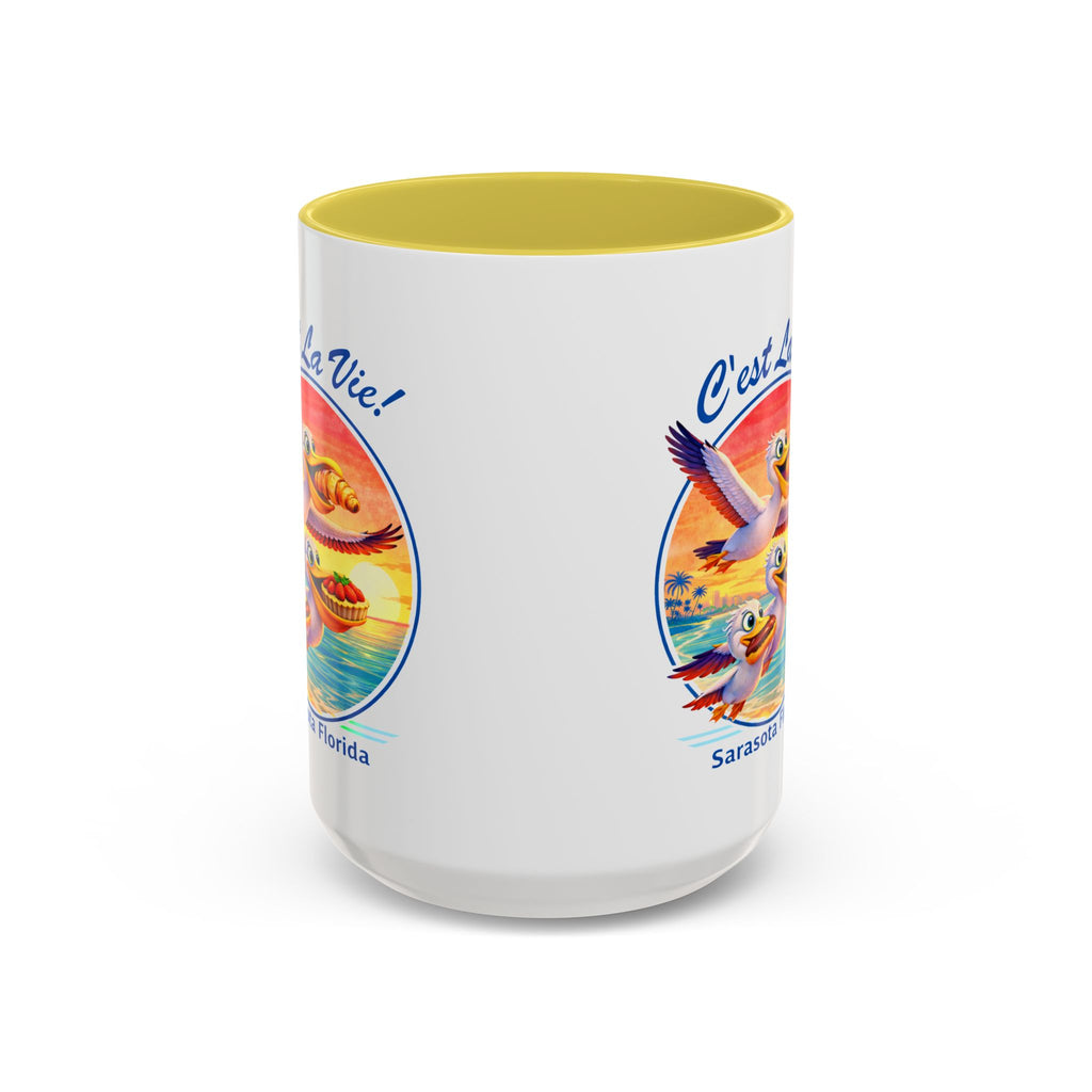 C'est La Vie! Sunset Pelican Café Mug — Authentic French Bakery Sarasota Cup (11oz/15oz)