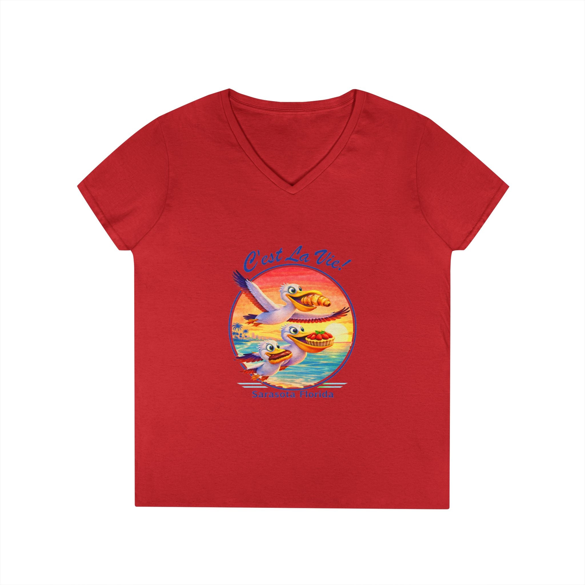 Women V-Neck T-Shirt — Pelican Sunset with C’est La Vie