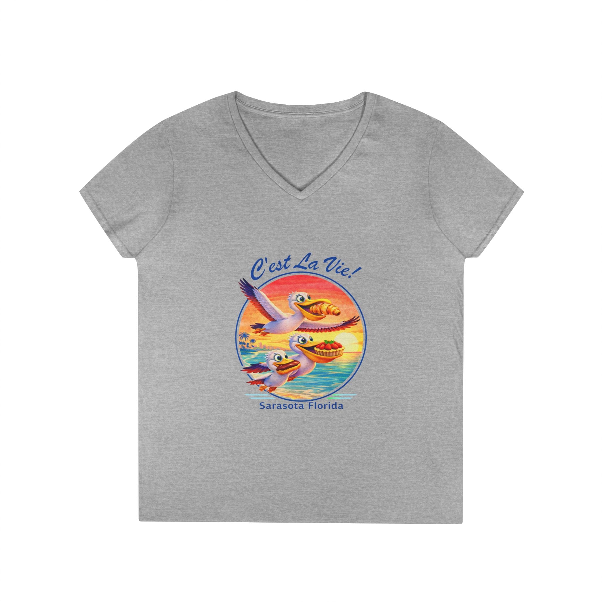Women V-Neck T-Shirt — Pelican Sunset with C’est La Vie