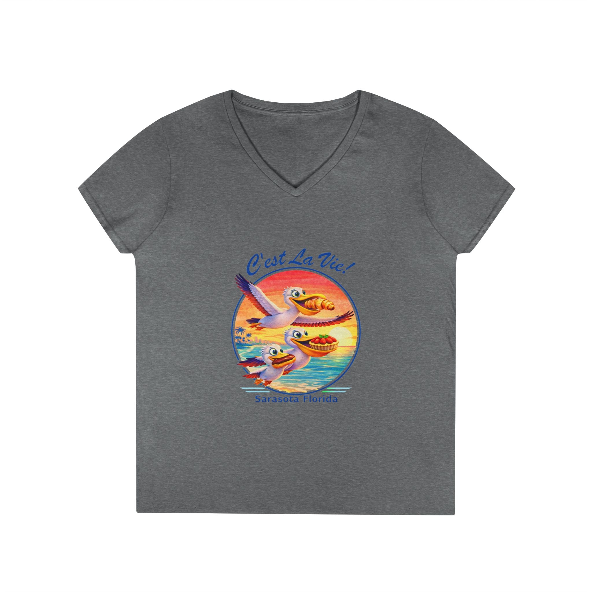 Women V-Neck T-Shirt — Pelican Sunset with C’est La Vie