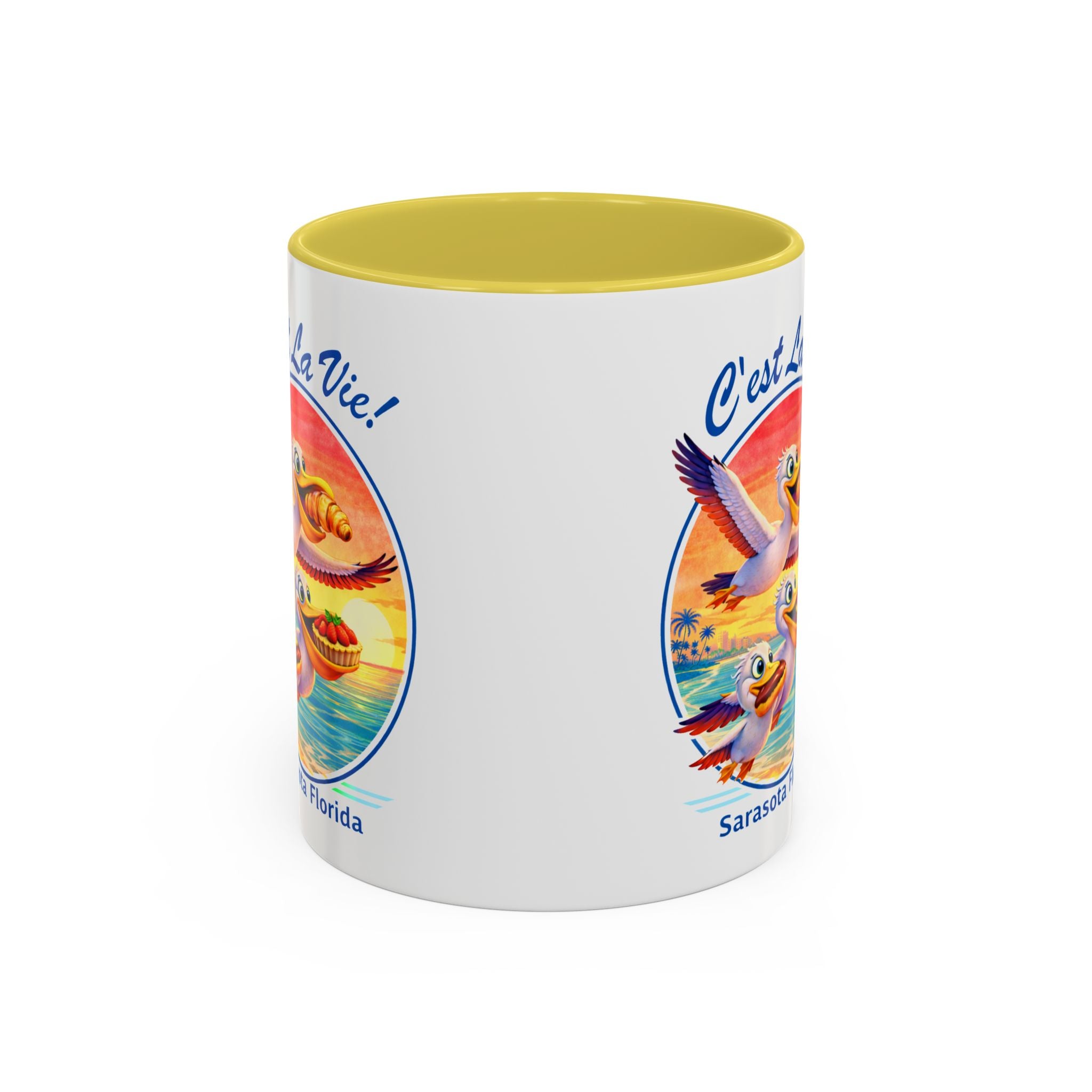 C'est La Vie! Sunset Pelican Café Mug — Authentic French Bakery Sarasota Cup (11oz/15oz)