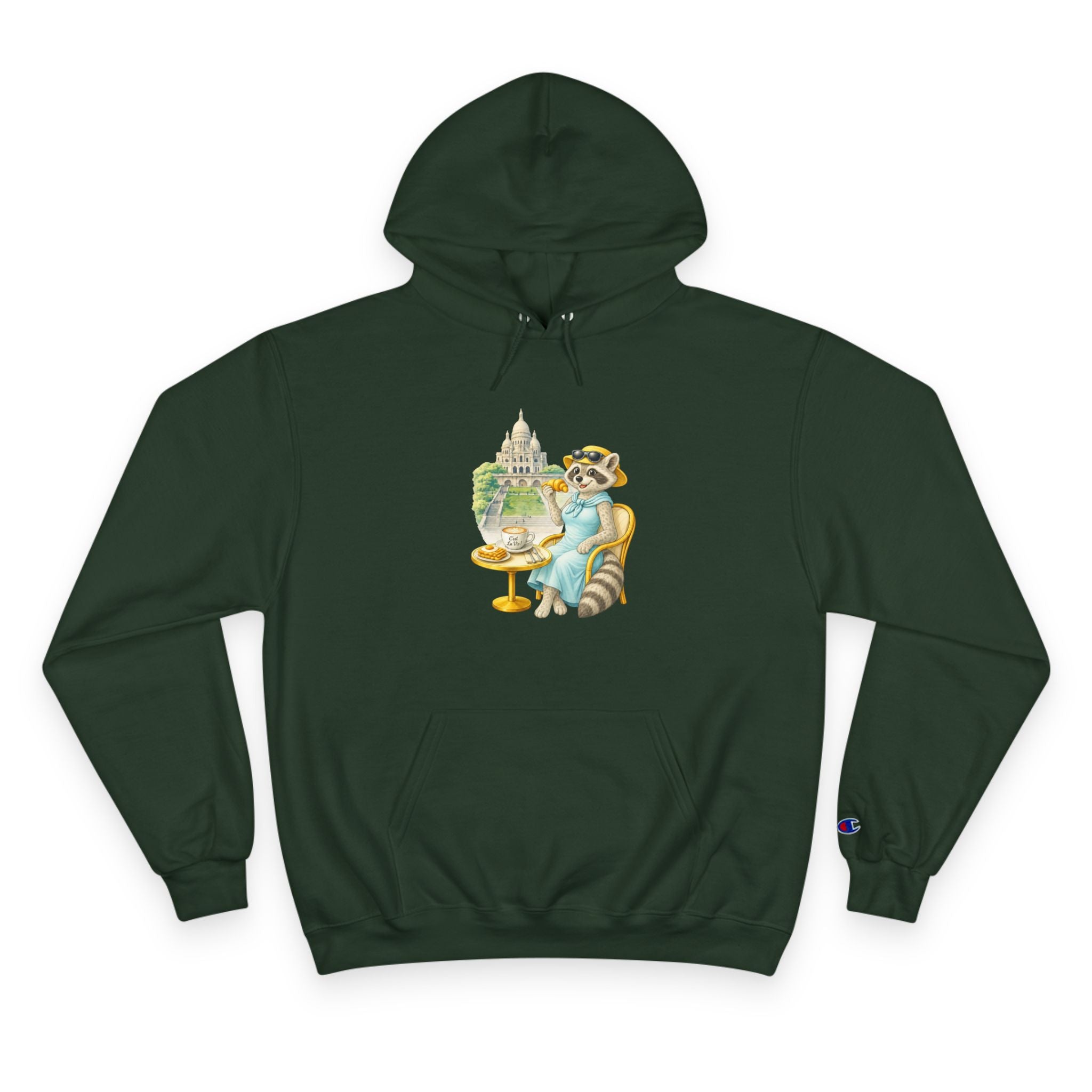 Champion Unisex Hoodie  –  Racoon Montmartre  "C'est La Vie" Back Print