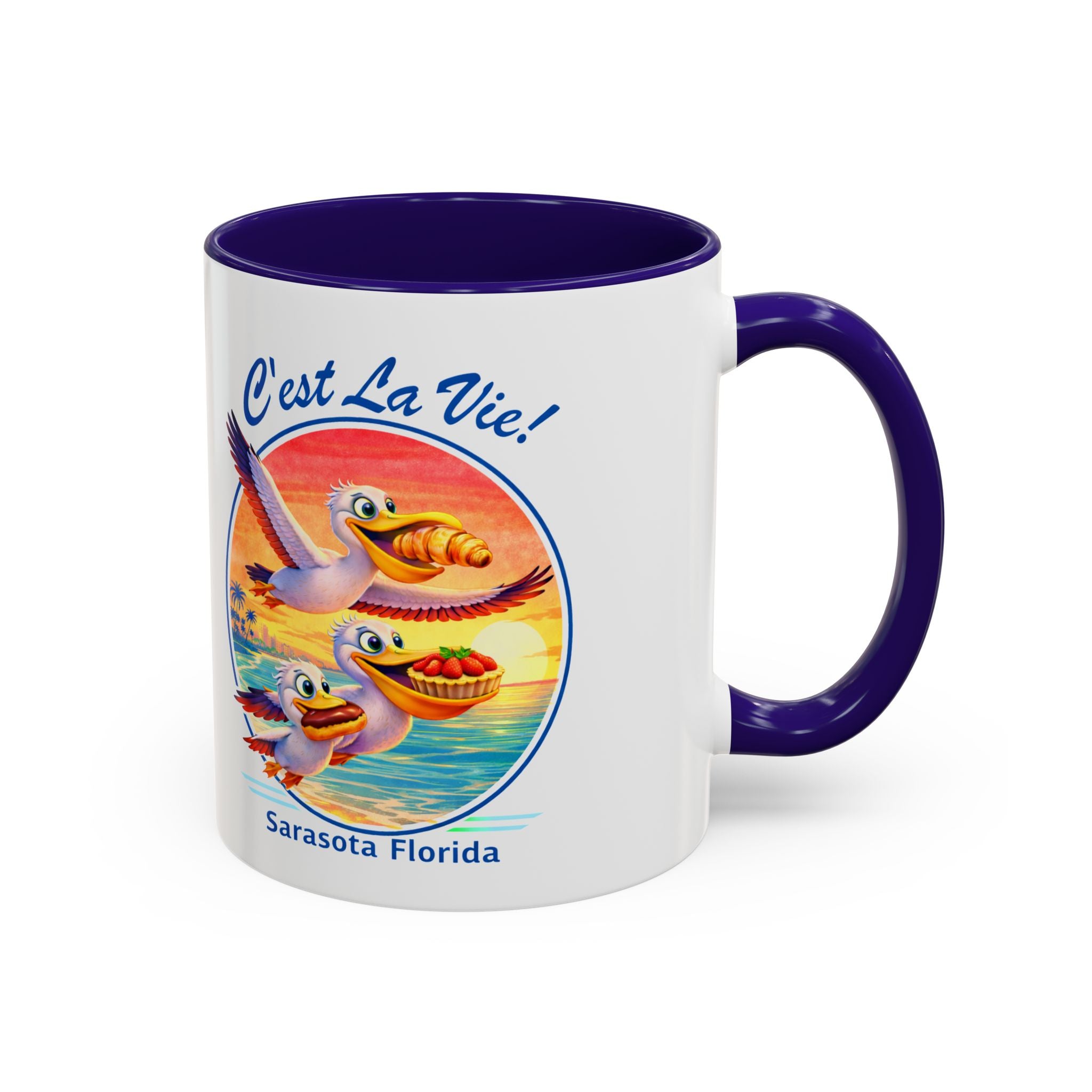 C'est La Vie! Sunset Pelican Café Mug — Authentic French Bakery Sarasota Cup (11oz/15oz)