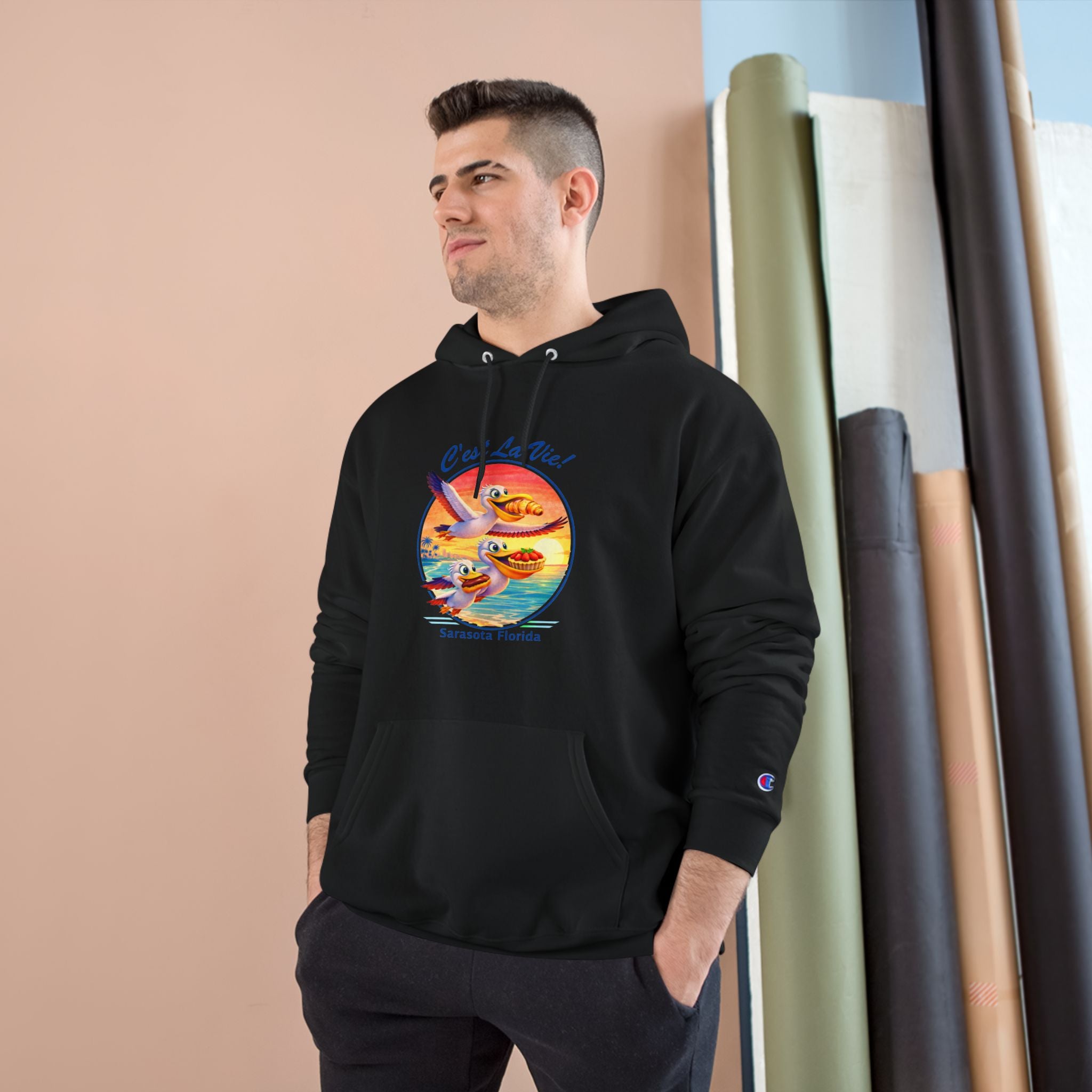 Champion Unisex Hoodie –  Pelican Sunset "C'est La Vie" Back Print