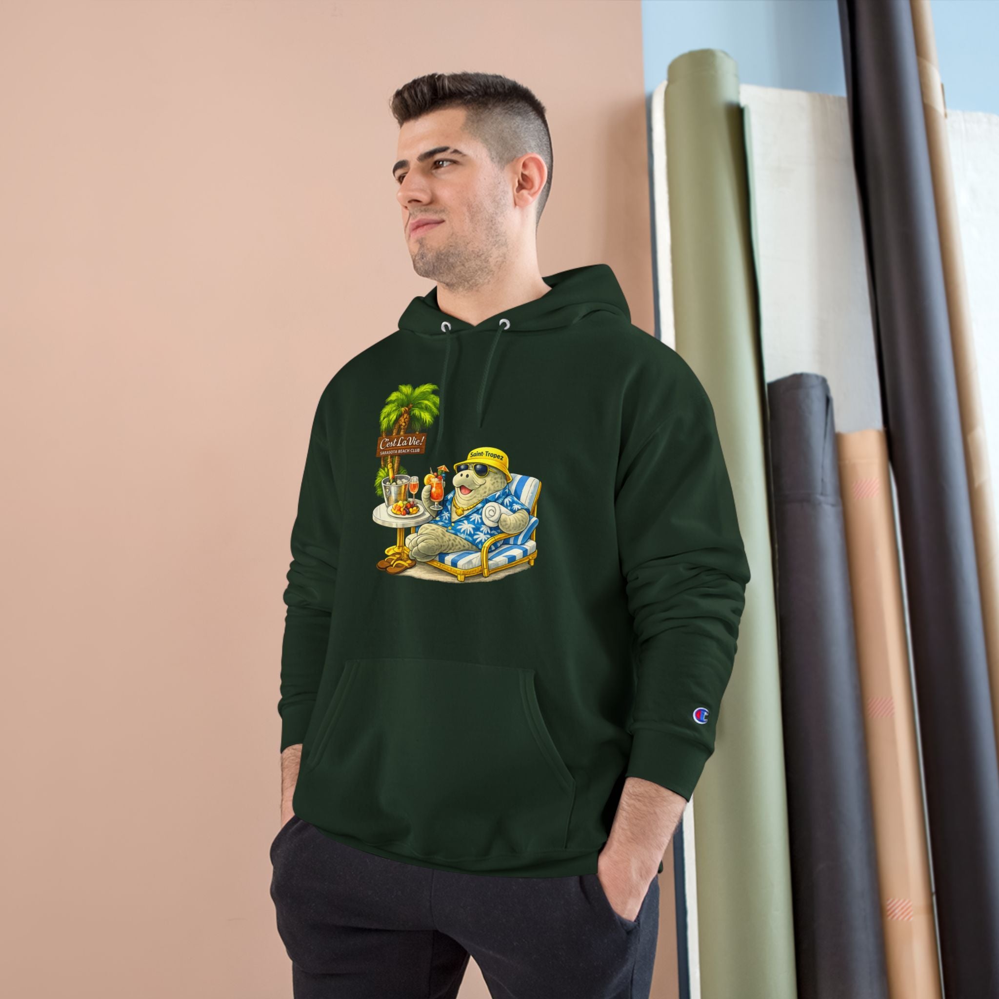 Champion Unisex Hoodie –  Manatee Saint-Tropez "C'est La Vie" Back Print