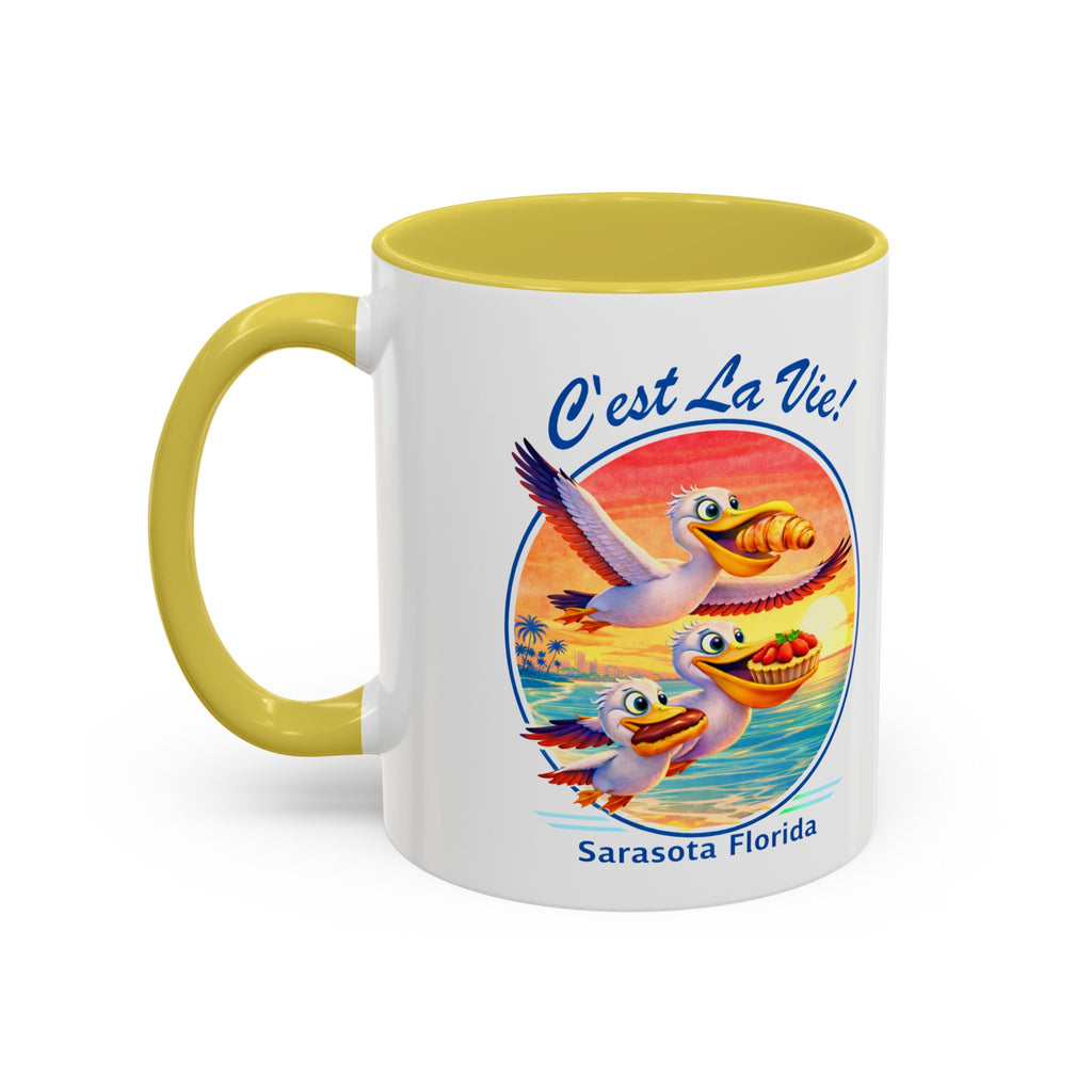 C'est La Vie! Sunset Pelican Café Mug — Authentic French Bakery Sarasota Cup (11oz/15oz)