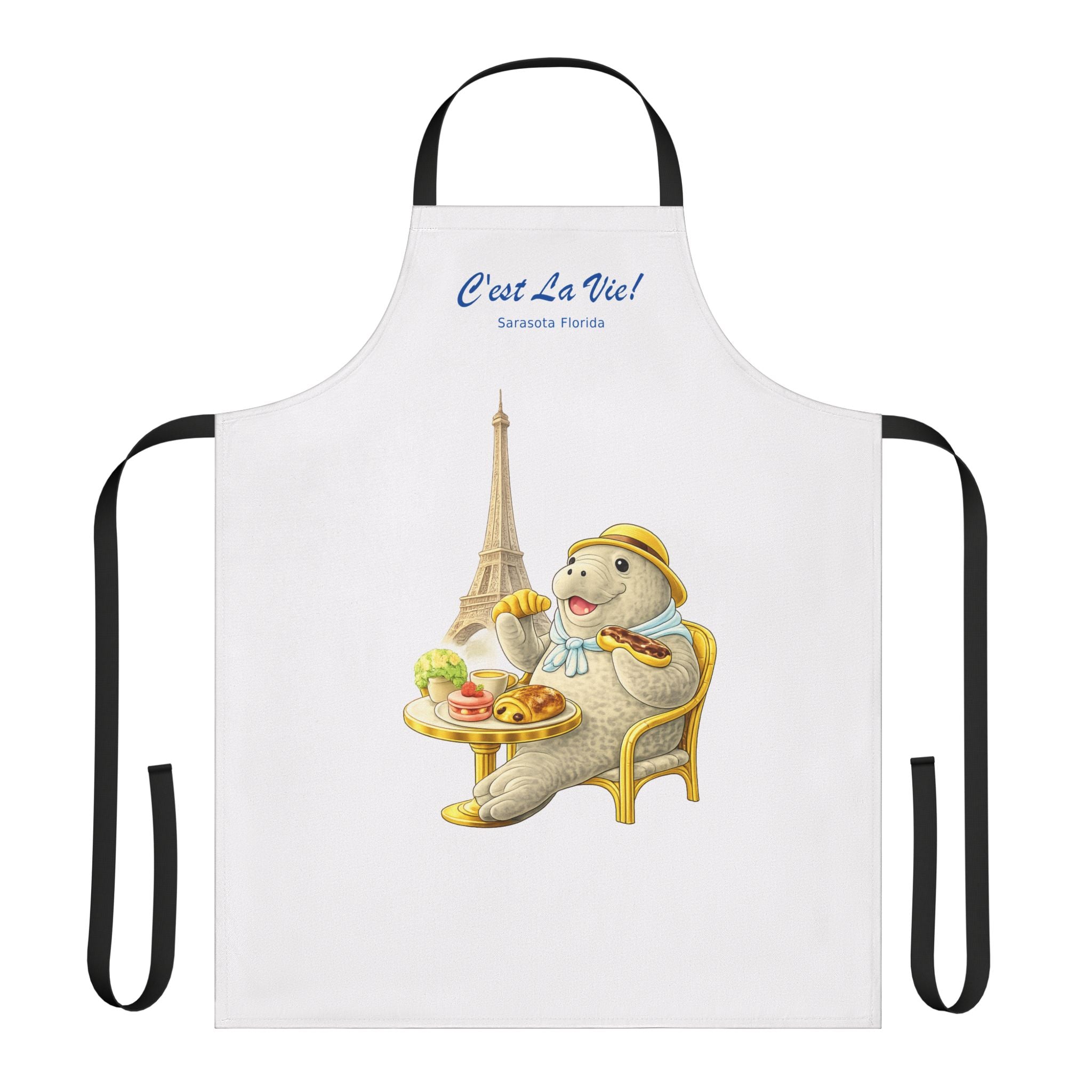Paris Apron — Cute Seated Manatee with Eiffel Tower C'est La Vie