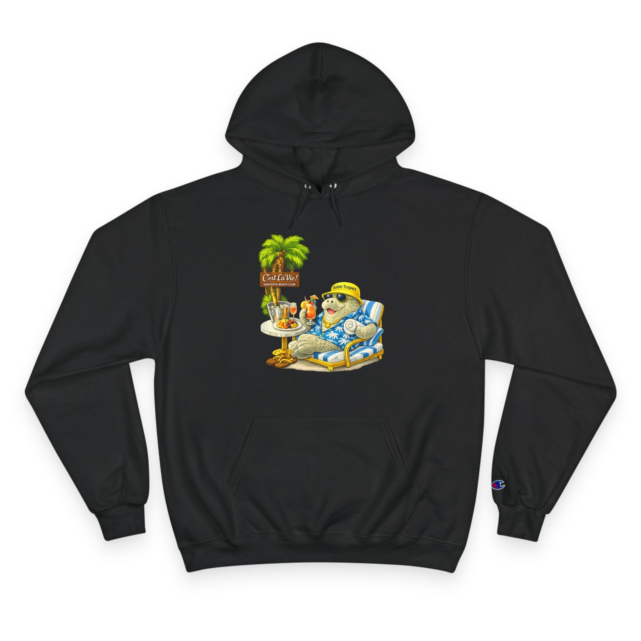 Champion Unisex Hoodie –  Manatee Saint-Tropez "C'est La Vie" Back Print
