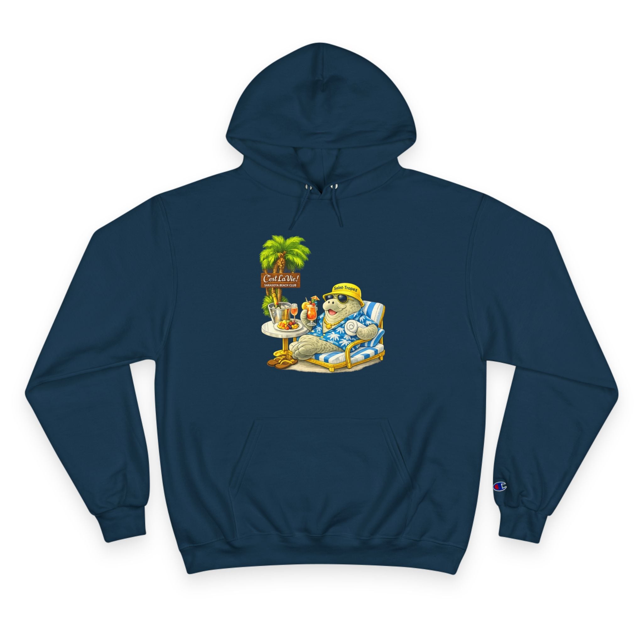 Champion Unisex Hoodie –  Manatee Saint-Tropez "C'est La Vie" Back Print