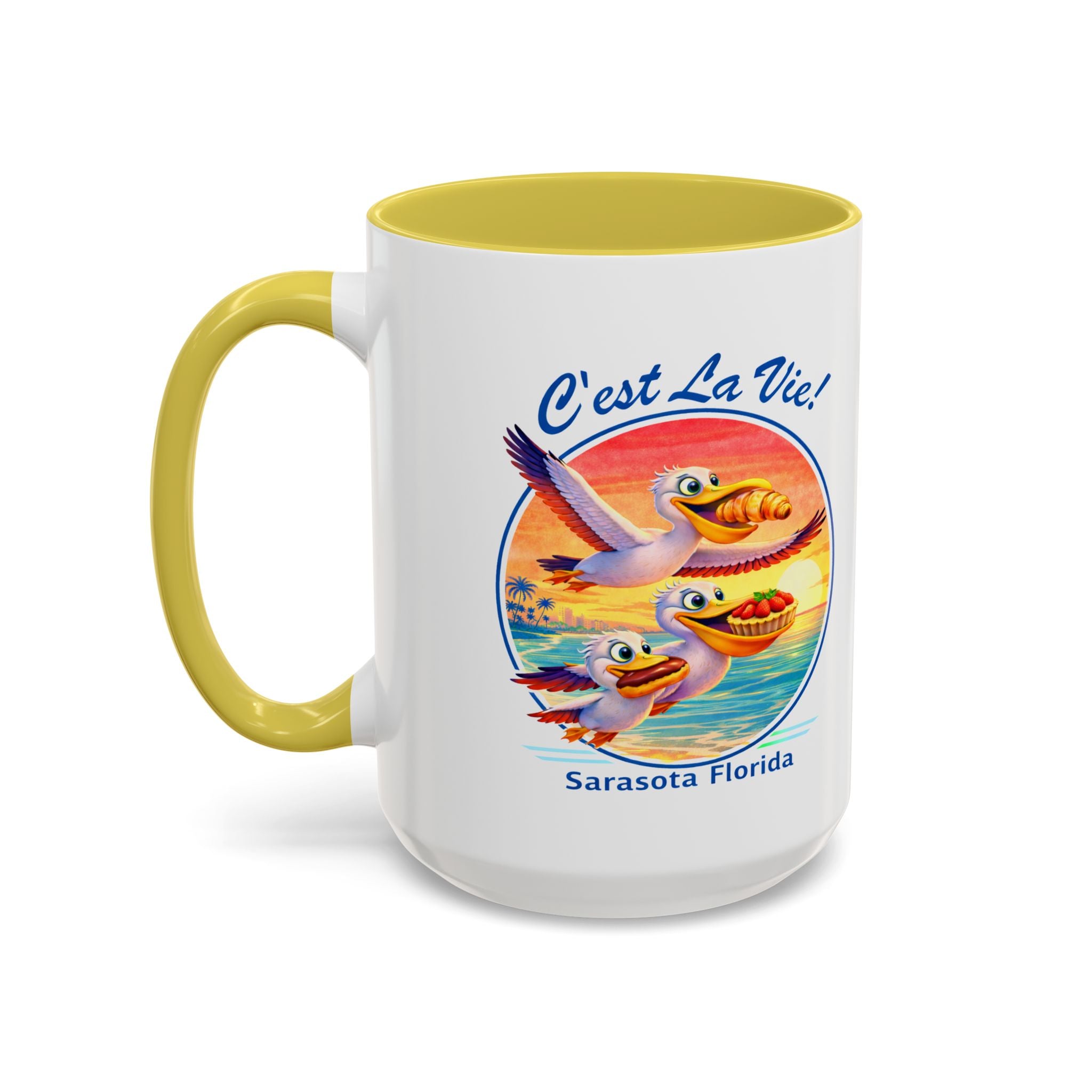 C'est La Vie! Sunset Pelican Café Mug — Authentic French Bakery Sarasota Cup (11oz/15oz)