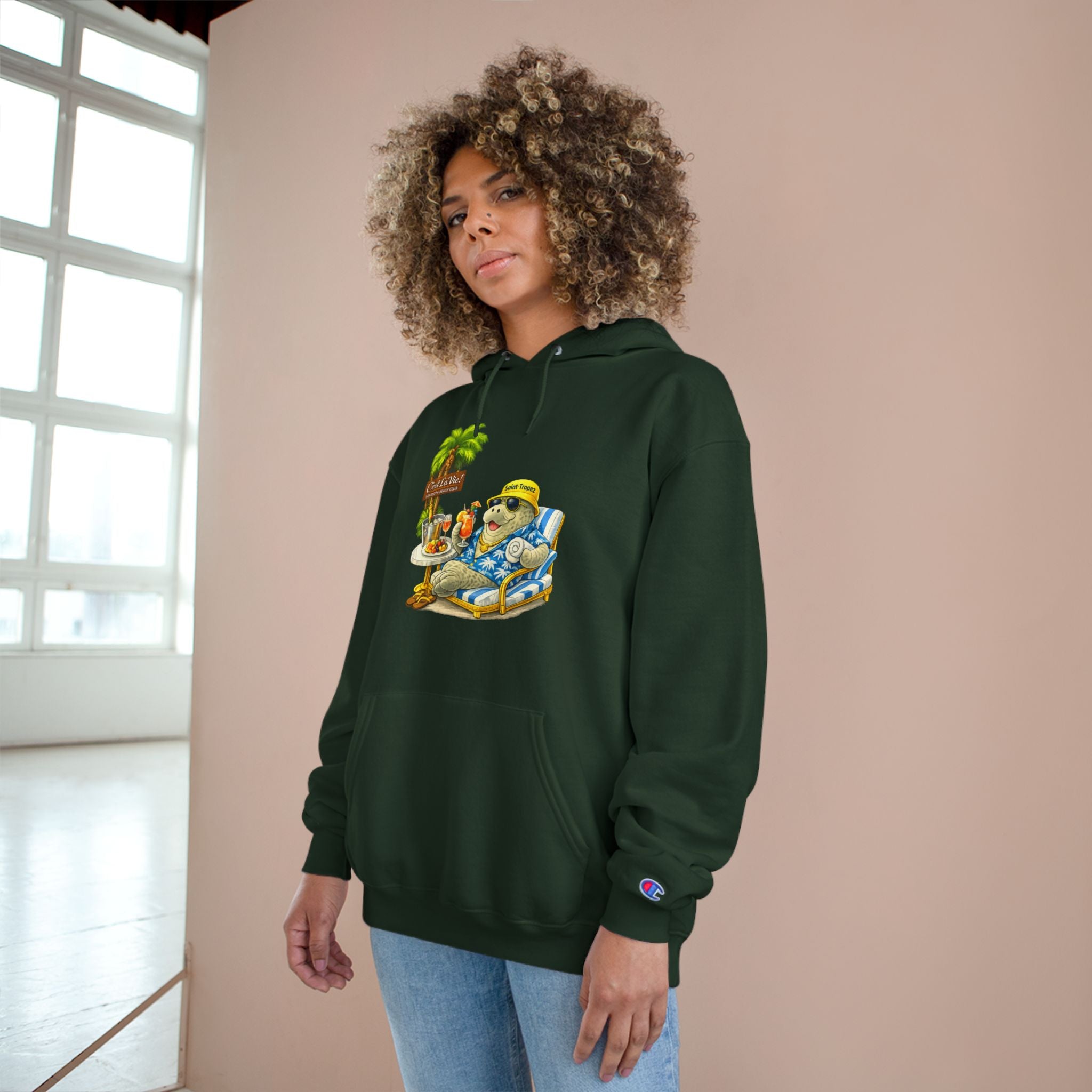 Champion Unisex Hoodie –  Manatee Saint-Tropez "C'est La Vie" Back Print