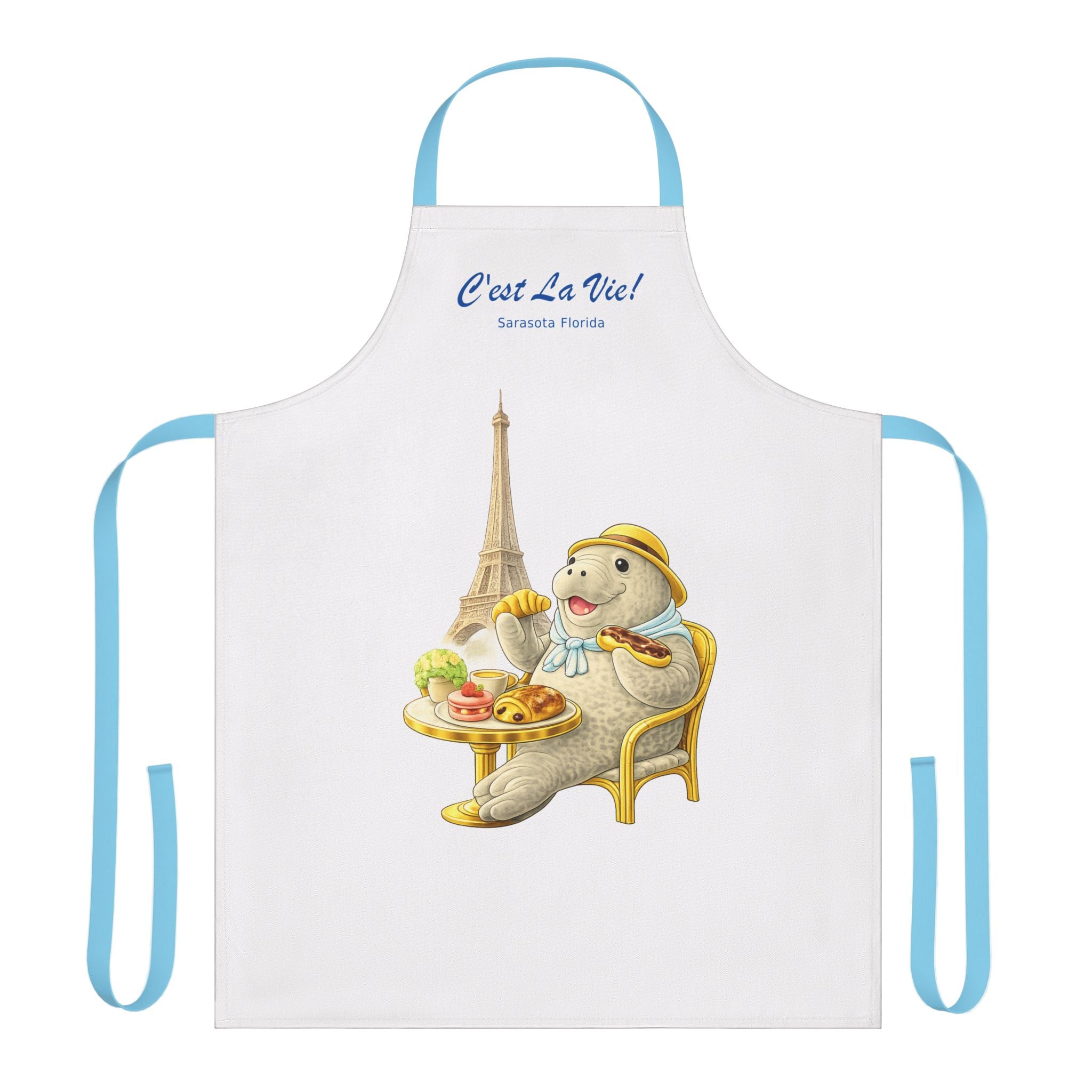 Paris Apron — Cute Seated Manatee with Eiffel Tower C'est La Vie