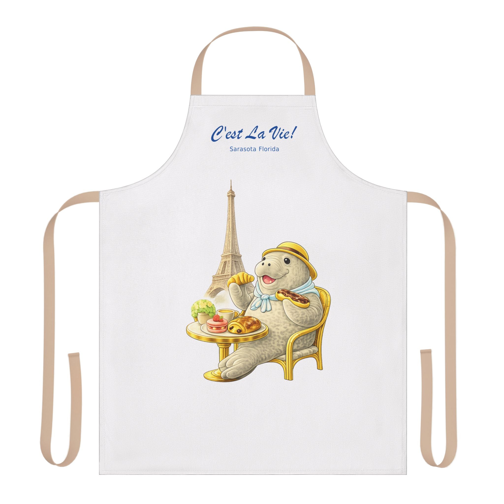 Paris Apron — Cute Seated Manatee with Eiffel Tower C'est La Vie